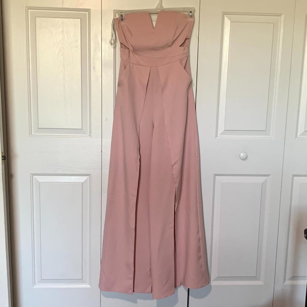 Full Length Strapless Jumpsuit with Skirt Overlay- PINK